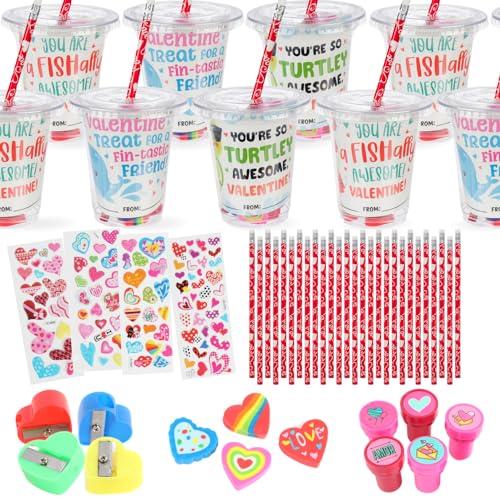 Funeta 30-Pack Valentine's Day Gifts for Kids - Stationary & Cup Set with Valentines Day Cards for Kids School Classroom - Party Favors