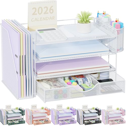 gianotter Briefablage aus Papier mit Aktenhalter, 4-stöckig, Schreibtischzubehör und Arbeitsplatz-Organizer mit Schublade und 2 Stifthaltern, Schreibtisch-Organizer und Zubehör für Bürobedarf (Weiß)