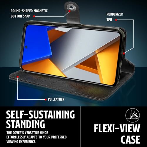 Image of WOW IMAGINE Shock Proof Flip Cover Back Case for Redmi Note 11T 5G | Poco M4 Pro 5G (Magnetic Button Flip Case | Wallet Pockets & Stand | Leather Finish | Haze Black)