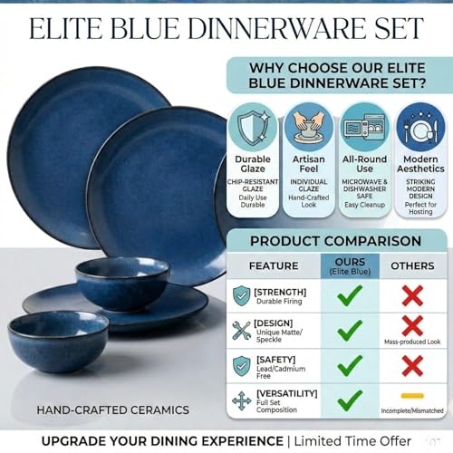Image of Reactive Glaze Dinner Set, 8 Piece Stoneware Set, Midnight Blue, 4 Dinner Plates and 4 Serving Bowls