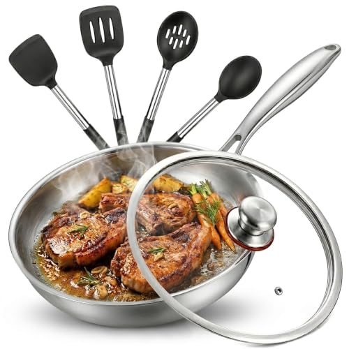 Sizle Masters Titanium Frying Pan Hammered Non-Stick Skillet with Glass Lid & 4 Spatulas PFAS/PFOA/PTFE-Free Tri-Ply Stainless Steel Induction & Oven Safe Dishwasher Safe Cookware