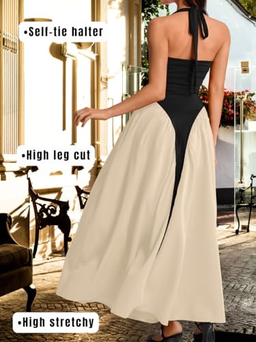 Image of ChiaoLezhee Deep V Neck Dress, Halter Maxi Dresses, Vacation Date Night, Sexy for Women Corset Flowy Wedding Guest Drop Waist