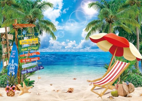 Telón de fondo de playa hawaiana de verano, palmeras tropicales, cielo azul, océano, fondo de fotografía para decoración de fiesta Aloha Luau (7 x 5 pies (82 x 59 pulgadas)
