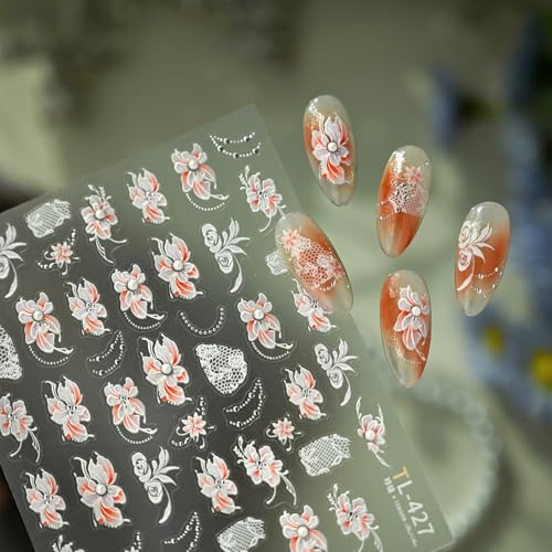 Image of Flower Nail Stickers White Floral Nail Art Stickers with Pearl Design 5D Embossed Self Adhesive Nails Decals Charms for Women Manicure Decoration Acessories 1 Sheets