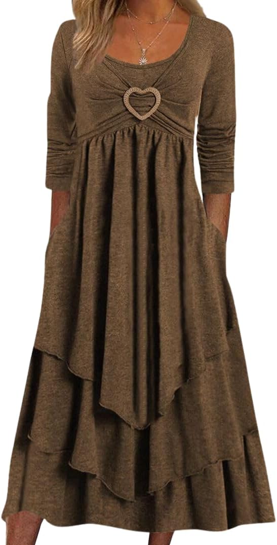Womens Long Sleeve Midi Dresses Casual Crew Neck Flowy Spring Attend Wedding Tiered Dress with Pockets