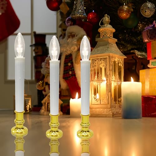 Image of Oviejo 4 Pack Christmas Electric Candles, Electric Candle Lamps with Gold Base, Christmas Window Candles with 6-18 Timer On /Off for Home Table Weddings Holiday Decor