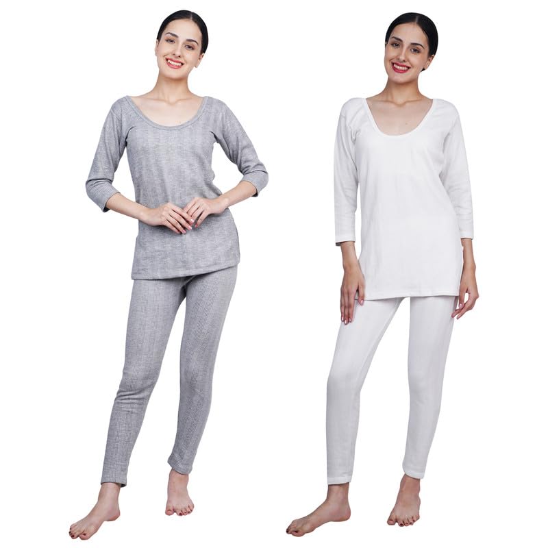 wako Women Full Sleeve Thermal Set White Lite Grey Cotton Blend Innerwear Body Warmer Comfortable Stylish Thermal Top and Bottom Combo Warm Winter Innerwear for Ladies-picture-11