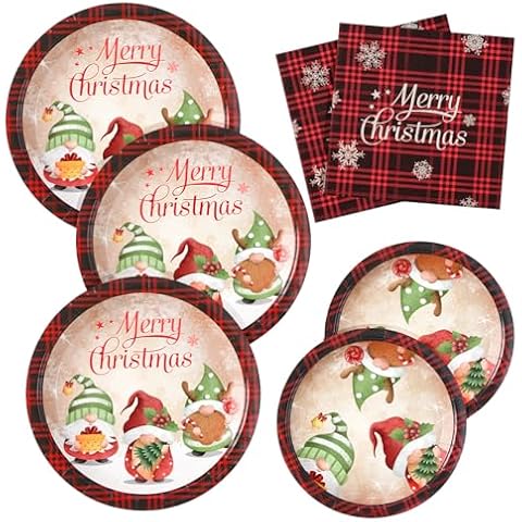 HOMIX Christmas Paper Plates and Napkins, Serves 50 Holiday Gnomes Plates Napkins Set Dinnerware for Christmas Party Supplies Cover