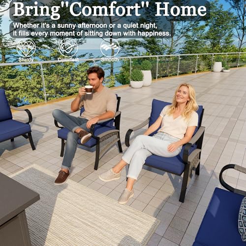 Image of 4-Piece Outdoor Furniture Set, Patio Conversation Set Include 3-Seater Sofa Couch Single Chairs with Fire Pit Table for Deck, Porch, Garden, Backyard, Poolside (Blue Cushions)