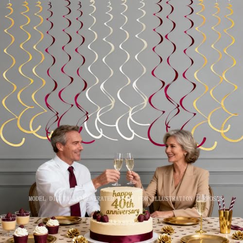 Image of 36 Pcs Maroon Gold Hanging Swirl Decorations Glitter Gold Burgundy Beige Felt Swirl Streamer Spiral Ceiling Garland for Birthday Graduation Wedding Shower Retirement Anniversary Garnet Party