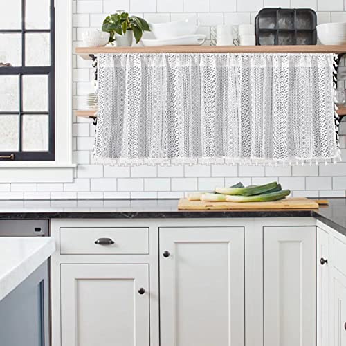 Setabeck Boho Sheer Lace Valance Tier Curtain Crochet Vintage With Handmade Macrame Tassel Knitted Window Treatment Drape For Bedroom Living Room Kitchen (1 Panel Crochet White, 59"X 36") #TOP5