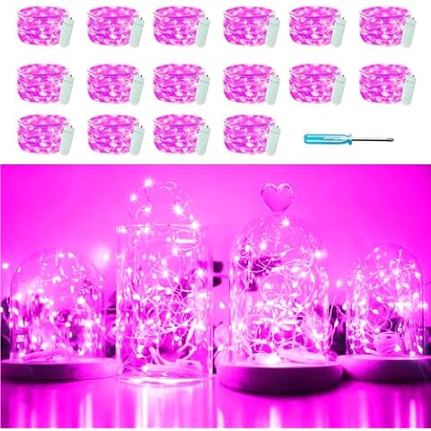 SunKite 16 Packs 20 LED Fairy String Lights Battery Operated Waterproof 6.6 Feet Silver Copper Wire Firefly Starry Moon Lights for DIY Costume Wedding Party Bedroom Table Decor (Pink) Cover