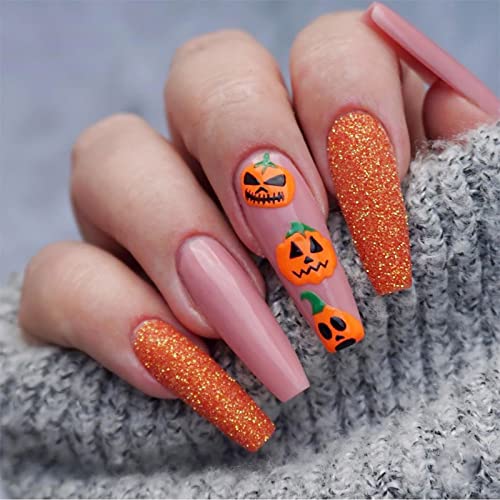 Vaveah 24 Pcs Halloween Press on Nails Coffin for Women, Extra Long Fake Nails Glue on Nails, False Nails with Glue (Orange Pumpkin)