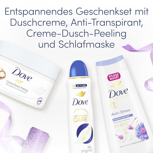Dove Geschenkset "Entspannt" mit Duschcreme, Anti Transpirant, Dusch-Creme-Peeling und mit Schlafmaske 225 ml + 225 ml + 150 ml – Ansicht 6