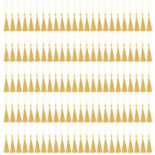 Image of NACHLYNN 120 Pcs Bookmark Tassels Bulk 13cm /5 Inch Silky Handmade Soft Craft Mini Tassels for Jewelry Keychain Making with Loops for Dress Decoration DIY Craft Accessory (Gold)
