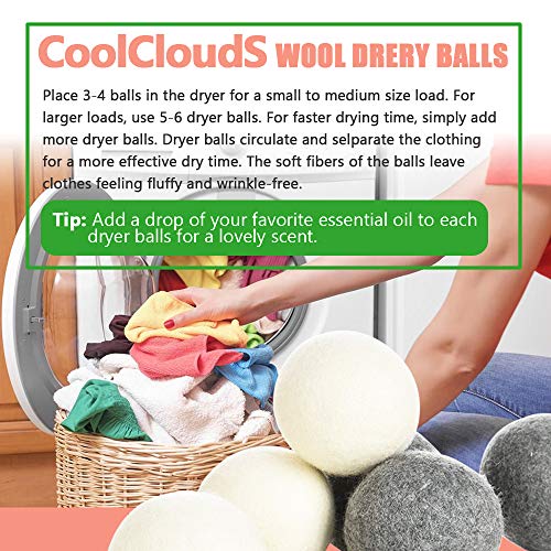 Coolclouds Wool Dryer Balls Organic Xl 6-Pack 100% New Zealand Wool Eco Dryer Balls Laundry By Handmade Reusable Natural Fabric Softener Reduce Wrinkles, Save Time & Energy, Hypoallergenic, Baby Safe #TOP6