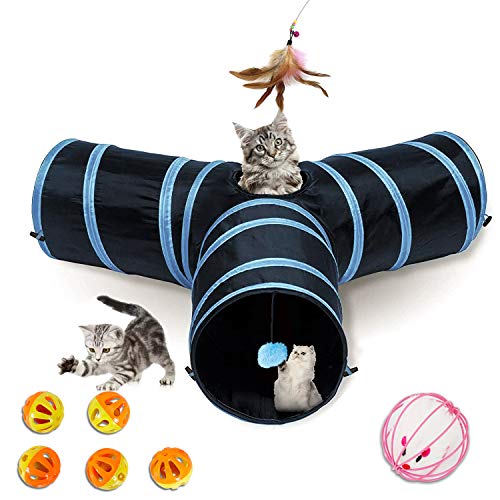 Tmalltide Cat Tunnel,Included 8pcs Interactive Toys,Toys for Cats,Cat Tunnels for Indoor Cats,Cat Tube,Collapsible 3 Way Pet Tunnel - Great Toy for Cats Rabbit(Blue)
