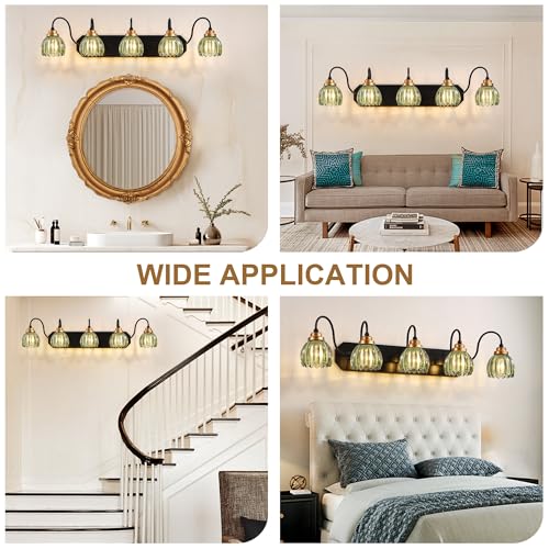 Image of Vintage Gold Bathroom Light Fixtures, 5 Light Green Tulip Crystal