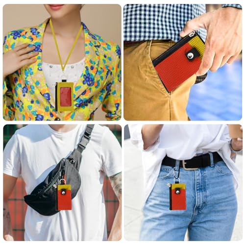 Image of MASAPHlL Small Lanyard Wallet for Women /Men with RFID Blocking ID Card Wallet, Minimalist Nylon Zipper Pouch, Travel Neck Wallet with Keychain, ID Window for Card,Coin,Cash (Deep red+Golden Yellow)