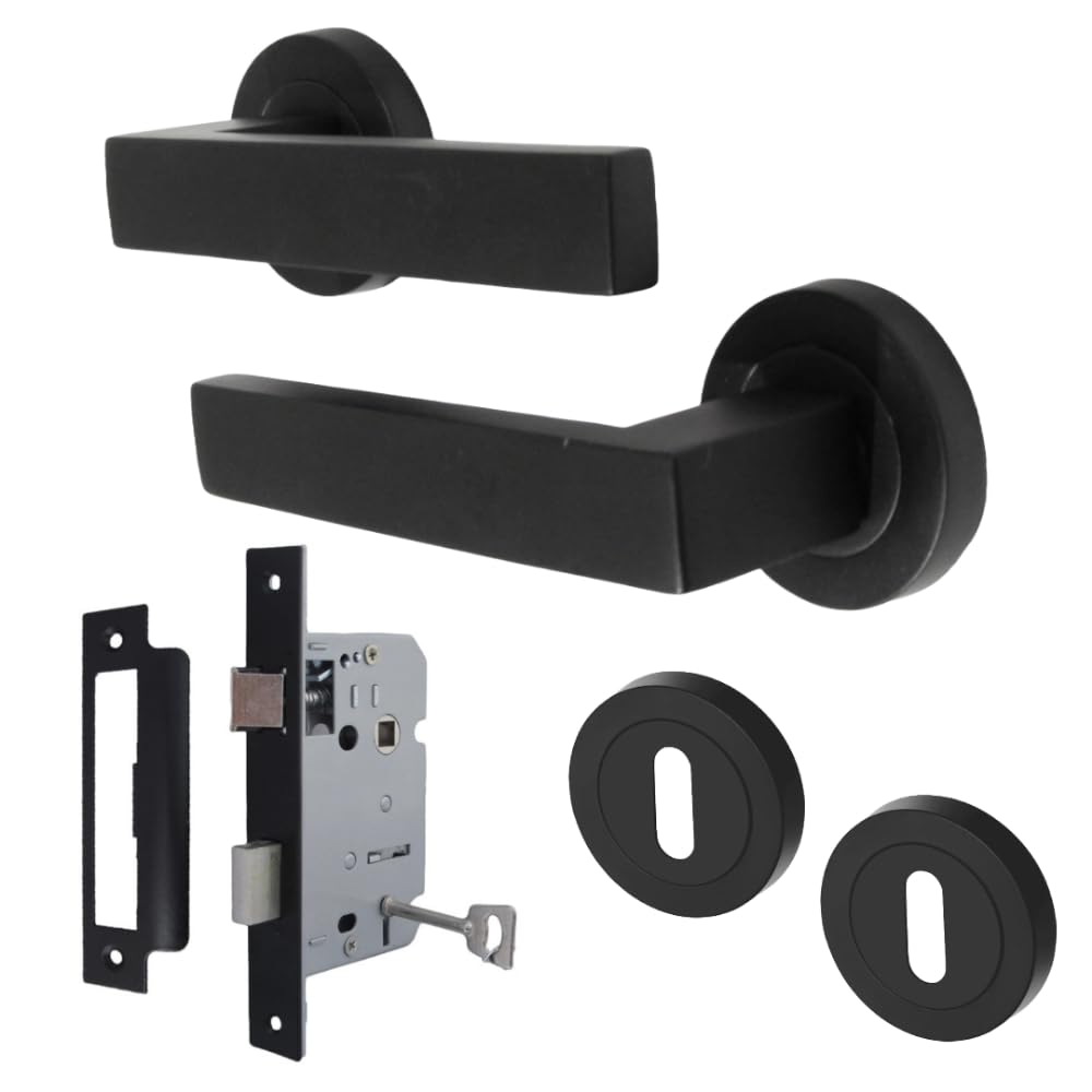 Epsom Door Handle Black Modern Lever Rose Door Handle With 3 Lever Sash Lock & Escutcheon – 122Mm Handle, 52Mm Rose – Secure Internal Door Lock Set