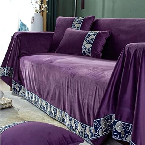 SFYZ HOME Velvet Embroidery Sofa Cover, Thick Chinese Simple Couch Cover,Plush Warm Sofa slipcover for Chair loveseat 3 4 Seater Sofa (Purple,Pillow case:30x50cm(12x20inch)) Cover