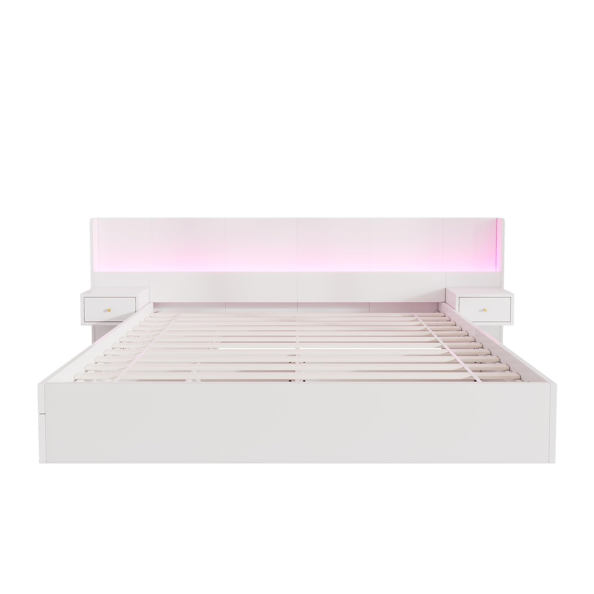 Letto 180x200 con contenitore, letto in legno con contenitore con 2 cassetti, testiera con comodino, LE/D e US/B, letto matrimoniale moderno con rete a doghe, bianco