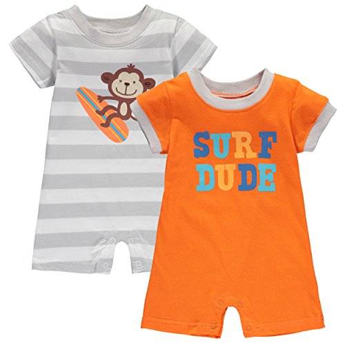 Wan-A-Beez Baby Boys' 2 Pack Graphic Short Sleeve Romper (3-6 Months, Surf Monkey)