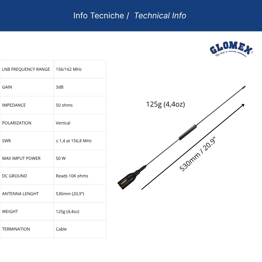 Glomex Antena VHF Marina 3dB reforzada para RIB, modelo SGV70RIBBK (Task) – Cable incluido, alta resistencia, para botes inflables, barcos a motor, yates