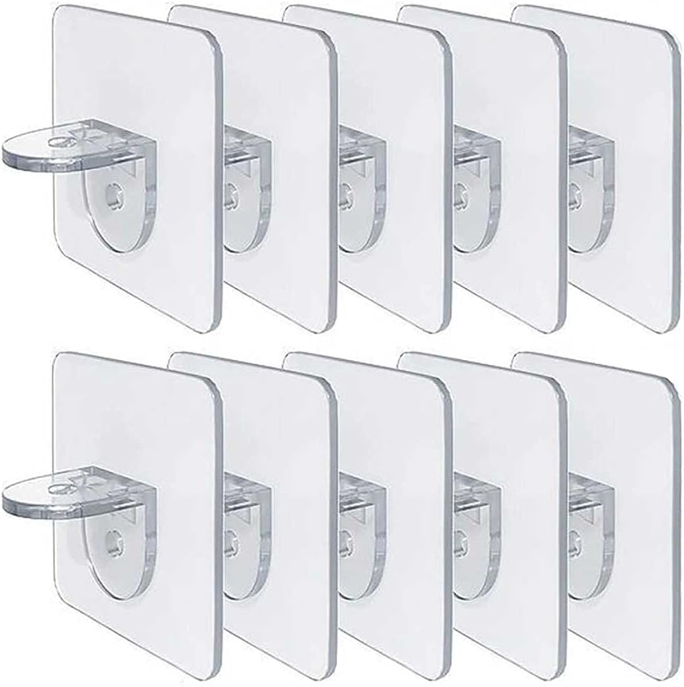Clear Shelf Holder Plastic Shelf Clips, Punch Free Shelf Support Peg-Self Adhesive Shelves Clips for Kitchen Cabinet Book - Easy to Install (2.37 x 2.37 inch (6 x 6cm), 10PCS)