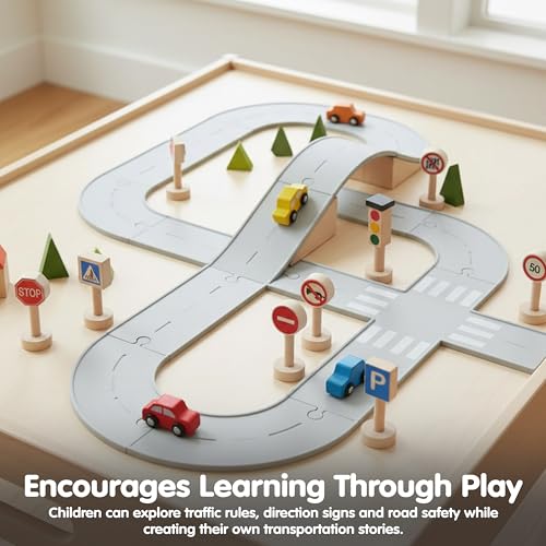 Image of PlanToys Traffic Signs & Lights Wooden Montessori Imaginative Kids Play Set