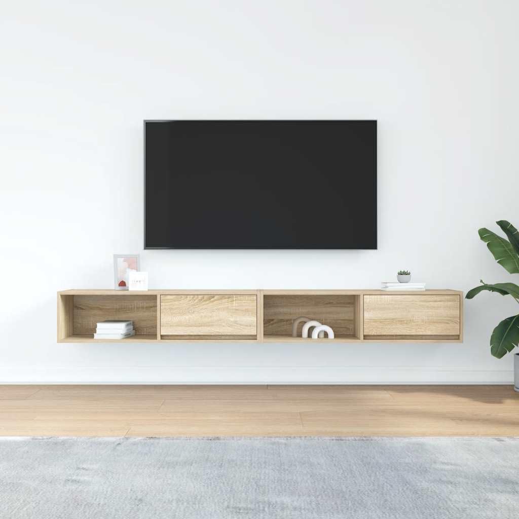 Armario de TV 2 unidades de roble Sonoma 100 x 31 x 25,5 cm de material de madera con cajones y espacio de almacenamiento, moderno mueble para TV colgante para salón, armario estable para TV