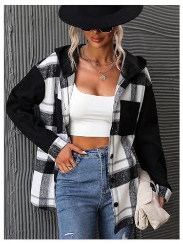 Verdusa Women's Plaid Jacket Color Block Checkered Hooded Long Sleeve Drop Shoulder Button Down Jacket Outwear4