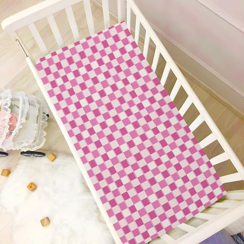 Image of Pink Checkered Fitted Crib Sheets Stretchy Portable Playard Sheets for Baby Toddler, Breathable Soft Mini Crib Mattress 52 x 28 in for Boys and Girls