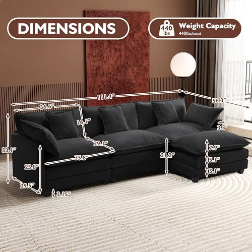 Image of Ihanherry 111.4 inch L Shaped Modern Sofa Modular Sectional Cloud Couch with Ottoman, 4-Seat Chenille Deep Seat Sofa with Pillow for Living Room, Bedroom and Apartment, Black