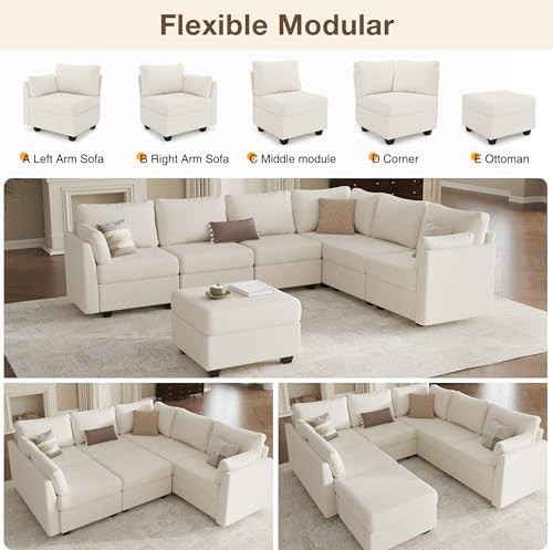 Modular Sectional Sofa Couches, Large Convertible Modular Couches with Storage, 7-Seater Sectional Sofa for Living Room, U Shaped Sectional Couch Sleeper Sofa with Chaise (Beige, 7 Seats) - Thumbnail 3