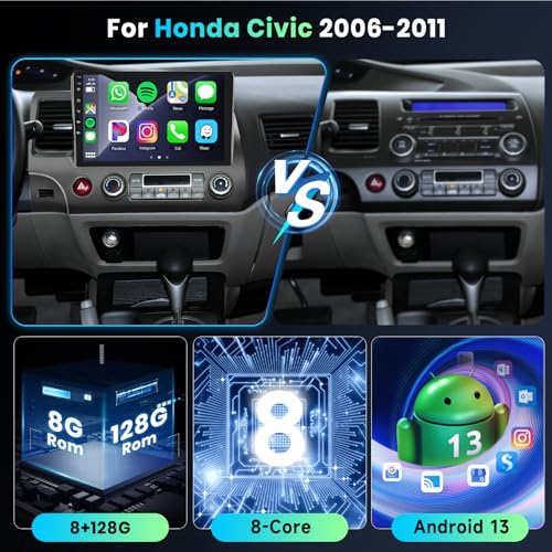 Image of Podofo 8 Core 8+128G Android Car Radio Stereo for Honda Civic 2006-2011 with Wireless Carplay Android Auto, 10.1 inch QLED Touch Screen, WiFi /4G, GPS, DSP /Hi-Res, AM /FM, Bluetooth 5.0, Backup Camera