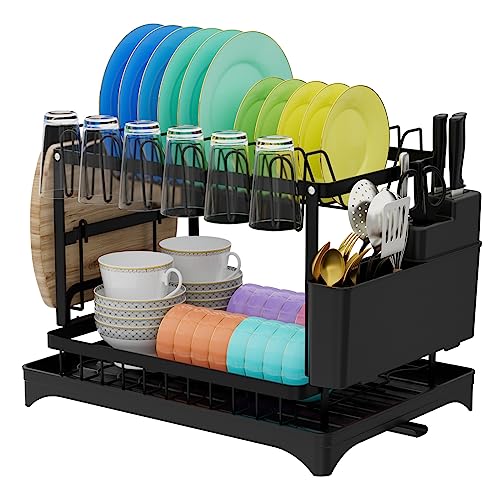 Baroflone Abtropfgestell Geschirrständer für Küchentheke, 2 Etagen Geschirrtrockner Rack Abnehmbar Große Kapazität Rostfrei mit Abtropffläche, Messerhalter und Getränkehalter,Schwarz