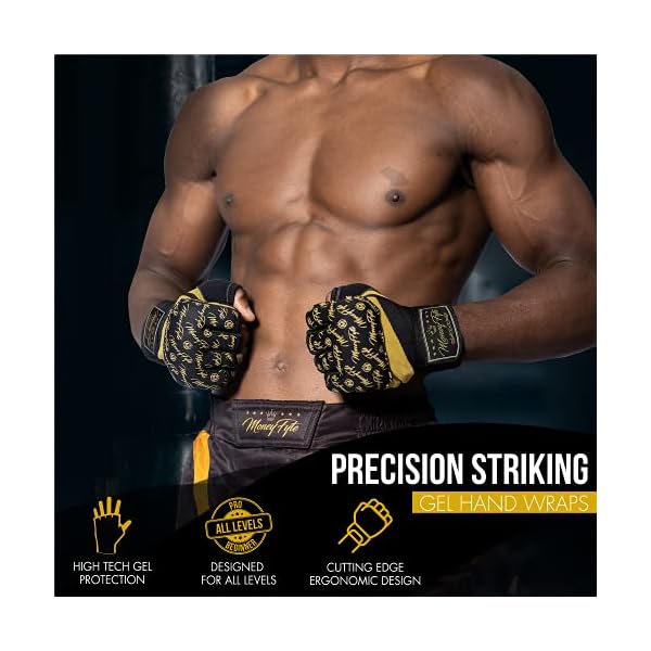 MoneyFyte-Precision-Striking-Quick-Gel-Hand-Wraps-for-Punching-Under-Boxing-Gloves--Wrist-Knuckle-Hand-Support-for-Men-Women-Kids-Youth--for-Boxing-MMA-Muay-Thai-Kickboxing-Training Quick Gel Boxing Wraps Under Boxing Gloves - Kickboxing MMA Muay Thai - Fist, Knuckle, Wrist Wrap Protection Inner Glove Hand Wraps - Men Women Kids - MoneyFyte (Black/Gold, S/M)