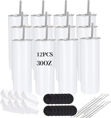 YOUKE OLA 12 Pack Sublimation Tumblers Bulk 30oz - Blank Straight Skinny Tumbler Stainless Steel Insulated Sublimation Tumblers Polymer Coating for Heat Transfer with Straws, Lids, White