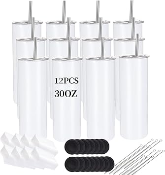 YOUKE OLA 12 Pack Sublimation Tumblers Bulk 30oz - Blank Straight Skinny Tumbler Stainless Steel Insulated Sublimation Tumblers Polymer Coating for Heat Transfer with Straws, Lids, White