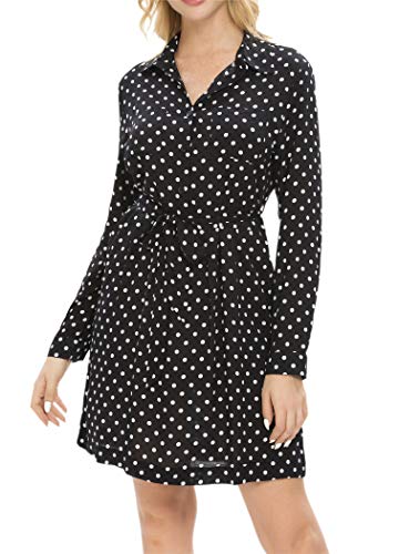 Luna et Margarita Chic Vestido Camisero de Lunares Negro con cinturón de Manga Larga y Bolsillo 38