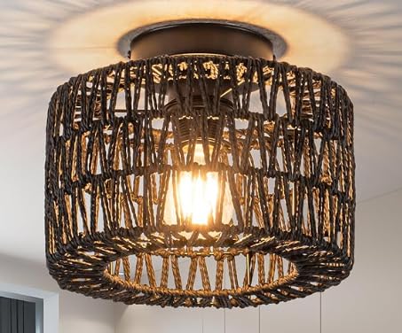 Qamra Deckenlampe Boho mit Rattan Lampenschirm，25cm Rustikal Rattan Deckenleuchte Klein，E27 Rund Wohnzimmer Deckenlampe Vintage,Golden Boho Lampe für Esszimmer Schlafzimmer Küche Flur