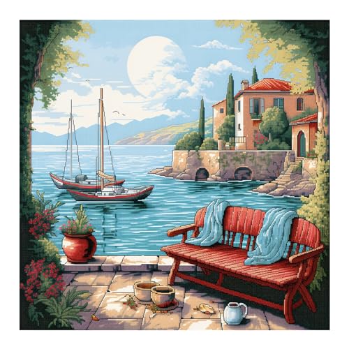 cukol cukol Kit Punto Croce Paesaggio Costiero, Schemi Quadri Set Ricamo Punto Croce Kit da Ricamare Principianti Starter Prestampato Stampato Completo Bambini Cross Stitch Embroidery Ricami 40x40 cm