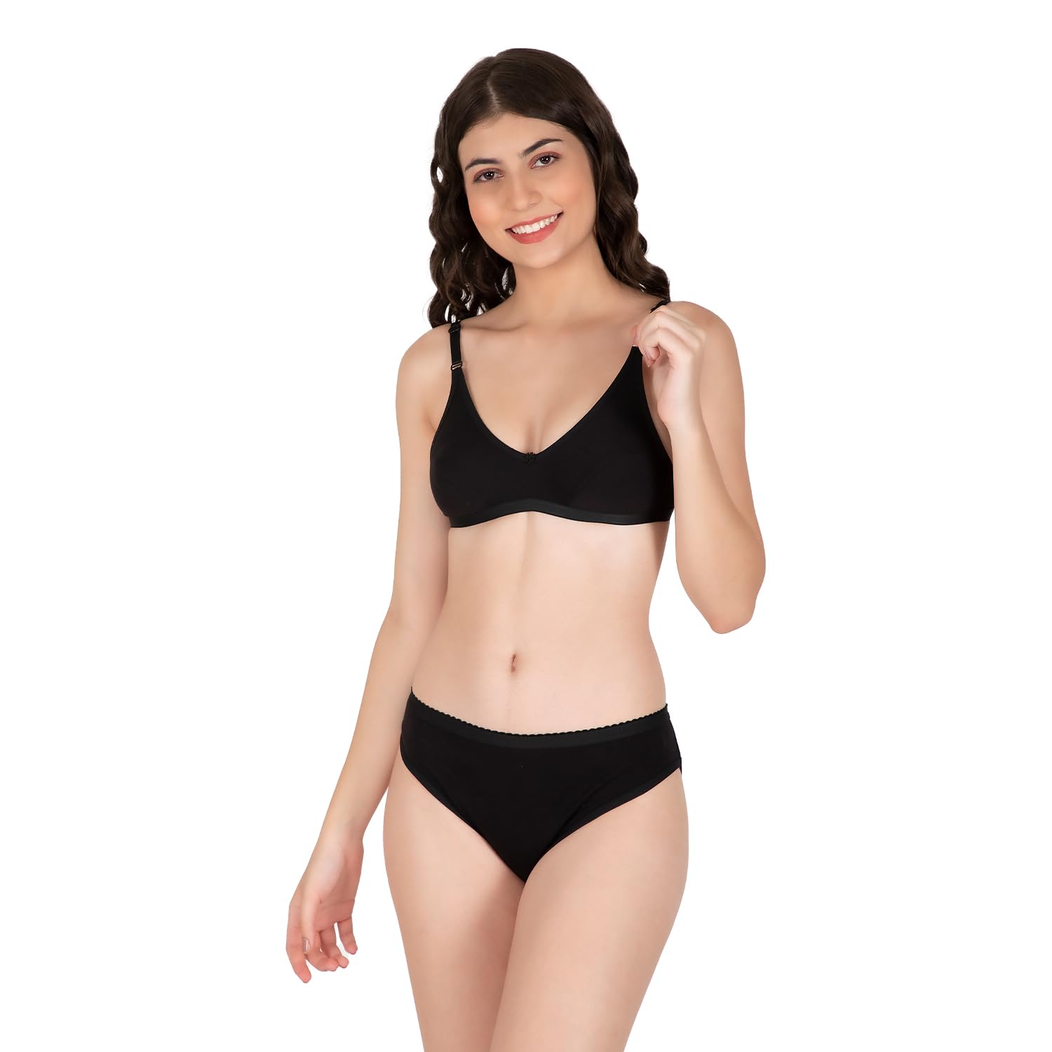 Women's Comfortable Cotton Blend Bra & Panty Set | Wire-Free Non-Padded Lingerie | Soft Innerwear | Black-image-49