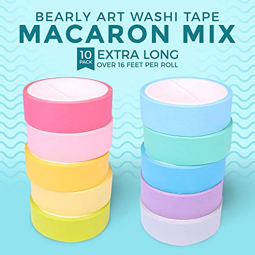 Bearly Art Washi Tape Set - Macaron Mix - 10 Pastel Colors Decorative Tape For Diy Crafts - Extra Long Rolls - Scrapbooking And Paper Crafts - 15Mm Wide And 5M Long #TOP1