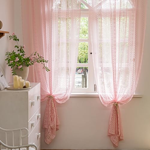 WestWeir Pink Lace Curtains - Sheer Crochet Panels for Boho