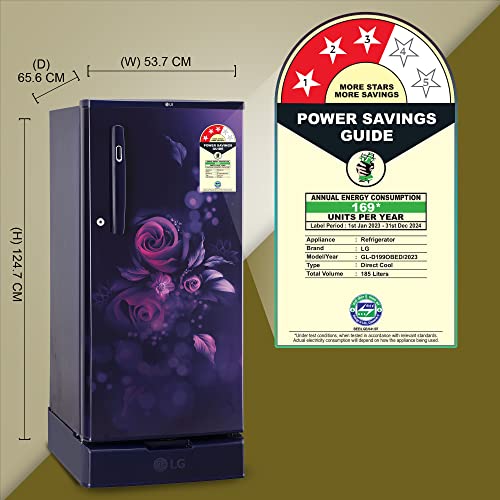 Image of LG 185 L 3 Star Direct-Cool Single Door Refrigerator Appliance (GL-D199OBED, Blue Euphoria, Base stand with drawer)