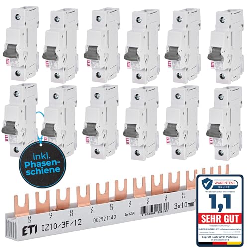 Elektro Butler Set - 12 x Leitungsschutzschalter B16 1-polig 16A Sicherungsautomat inklusive 1 x Phasenschiene 3-polig