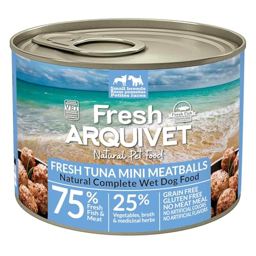 ARQUIVET – 6er-Pack frische Thunfisch-Fleischbällchen – Dosen mit MINI-Thunfisch-Fleischbällchen – 200-g-Dosen – Nassfutter für Hunde, alle Rassen