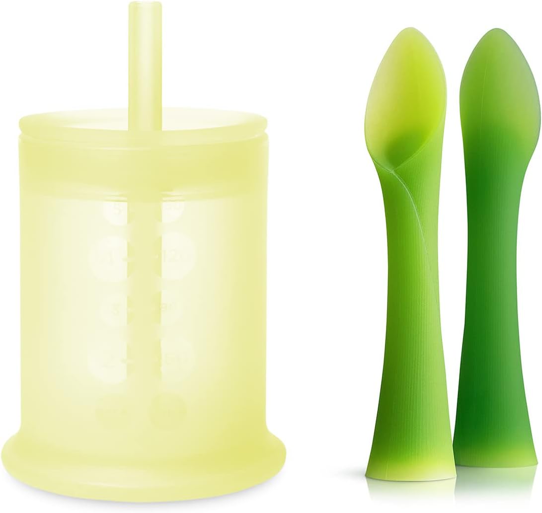 Olababy 100% Silicone Training Cup with Straw Lid (Lemon) and Training Spoon Set Bundle